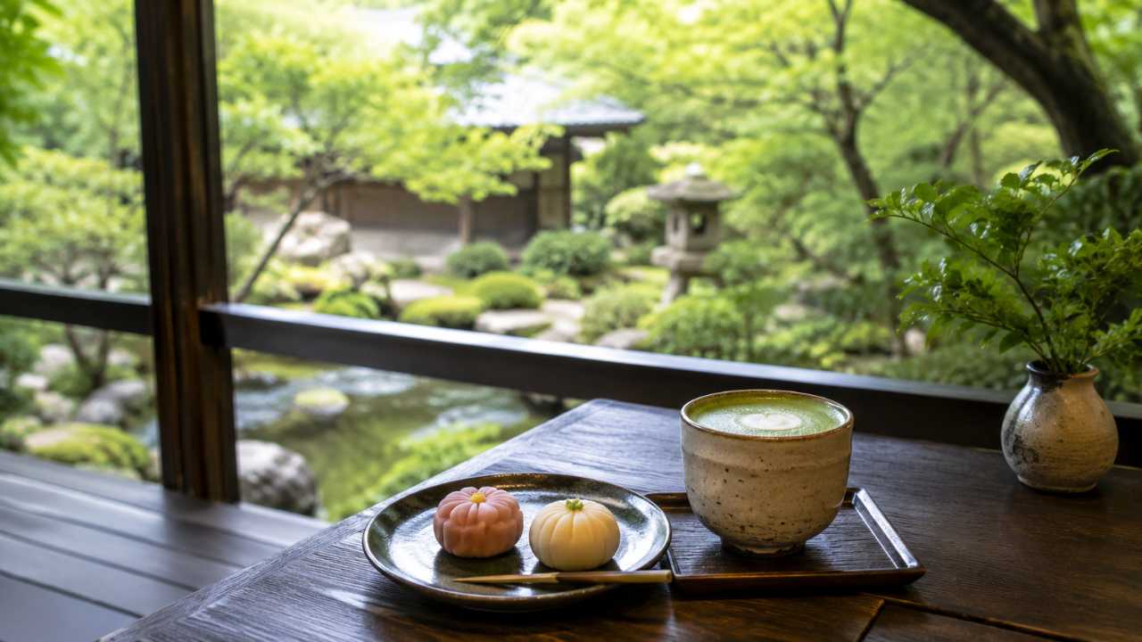 大宮氷川神社の参拝後に休憩するイメージ、庭園を眺めるテラス席、抹茶ラテと和菓子、静かで上品な写真風