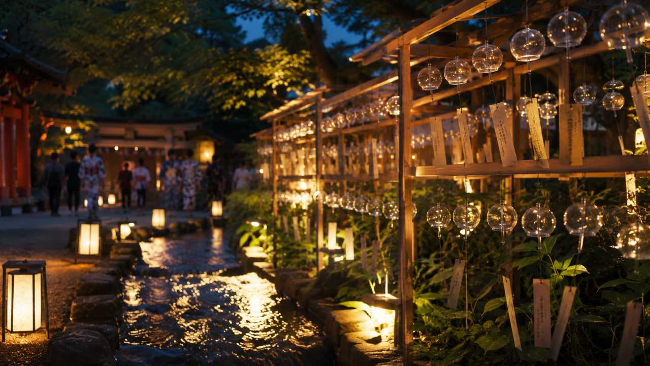 夕方の川越氷川神社で、ライトアップされた風鈴と小川の灯りが幻想的に輝く風景