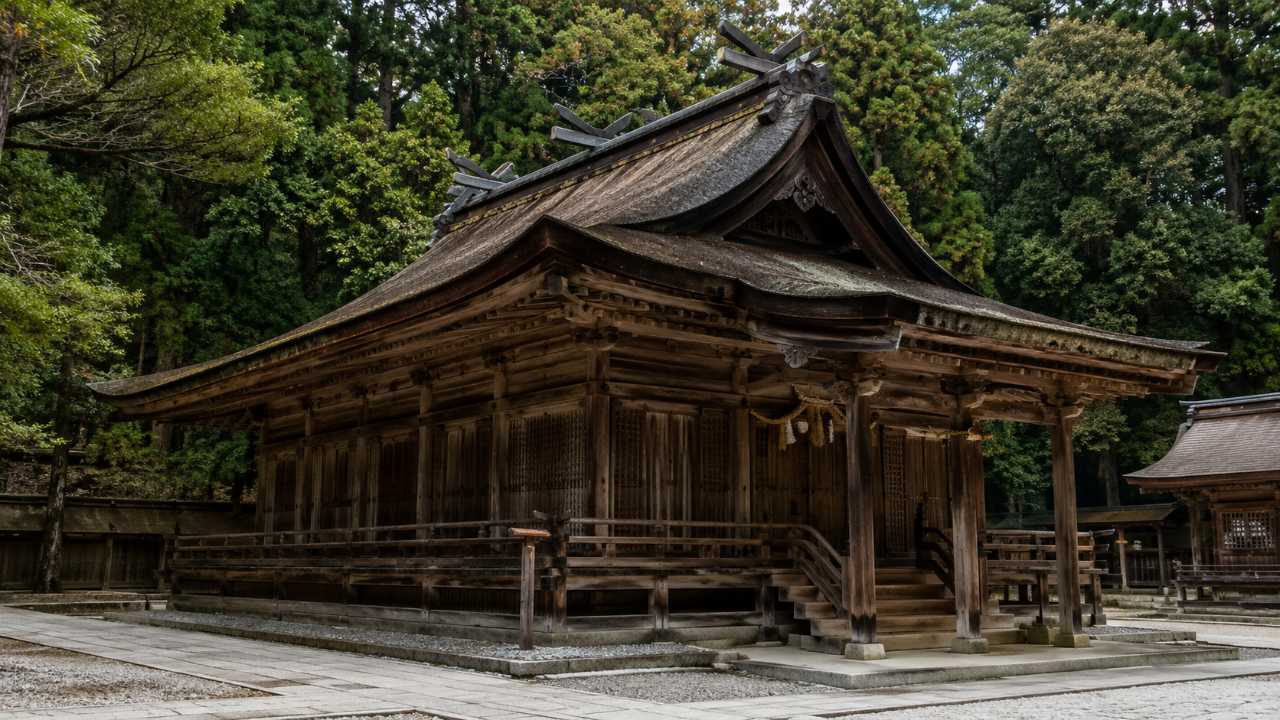 江戸時代の神社建築を感じさせる木造本殿のイメージ