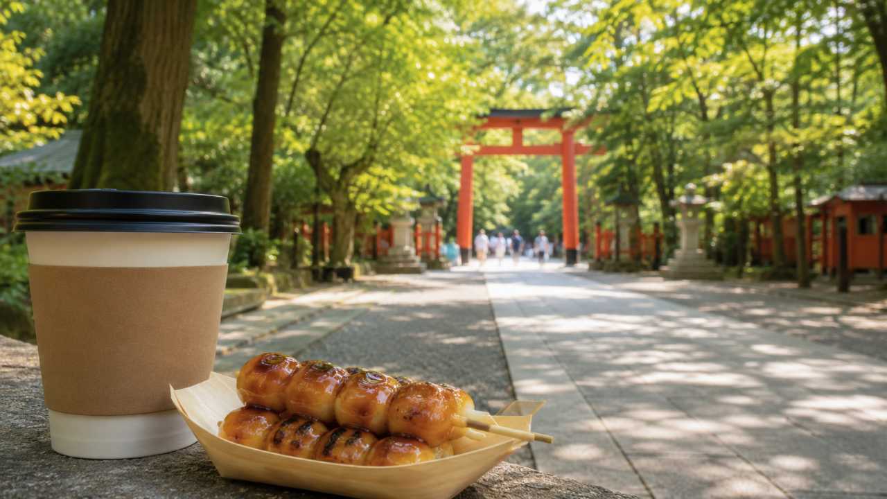 大宮氷川神社へ続く緑豊かな氷川参道、木漏れ日、朱色の鳥居、手前に焼きだんごとテイクアウトコーヒーを自然に配置した写真風