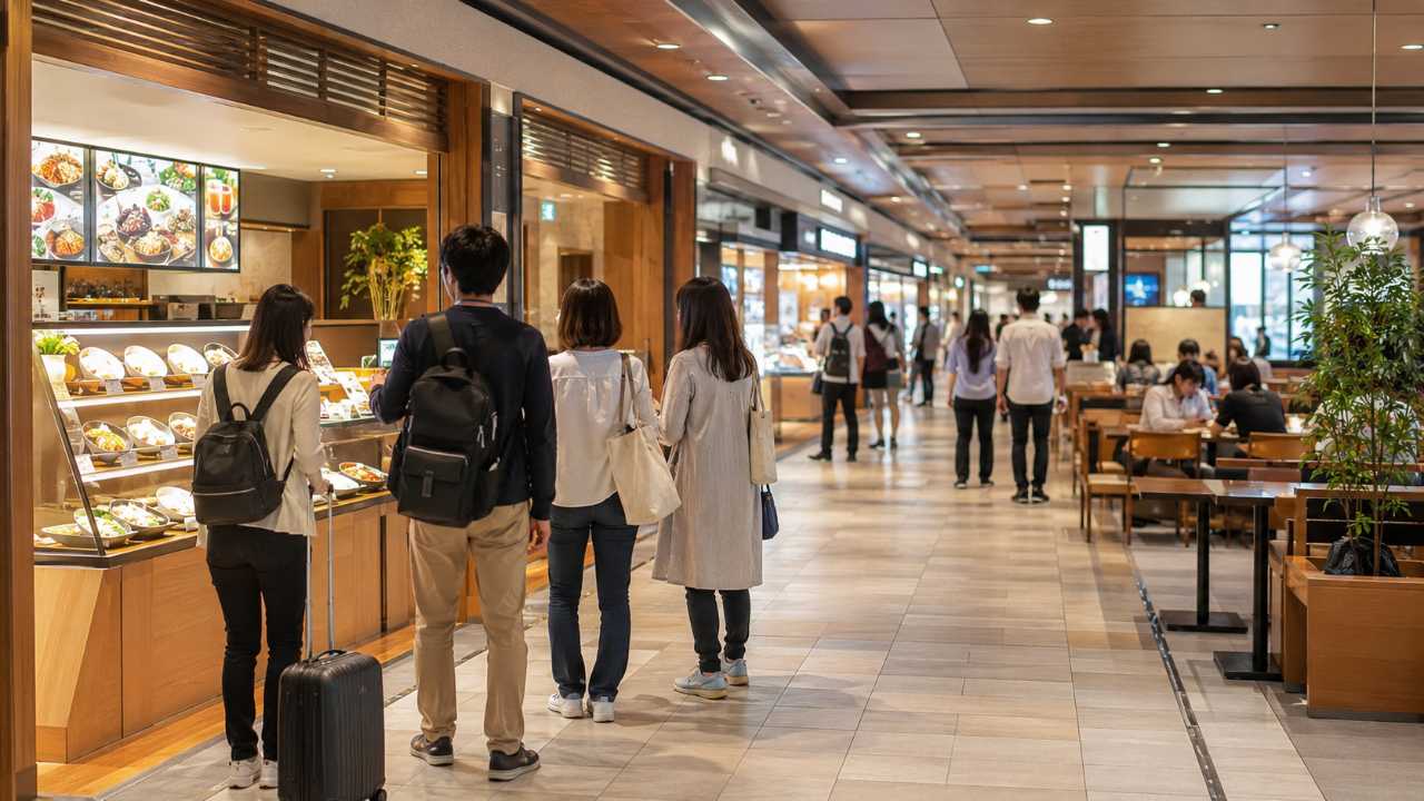 大宮駅東口周辺の商業施設でランチを選ぶ観光客のイメージ