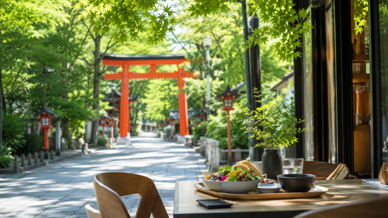 大宮氷川神社の長い緑の参道を歩いたあと、近くの落ち着いたカフェでランチを楽しむイメージ