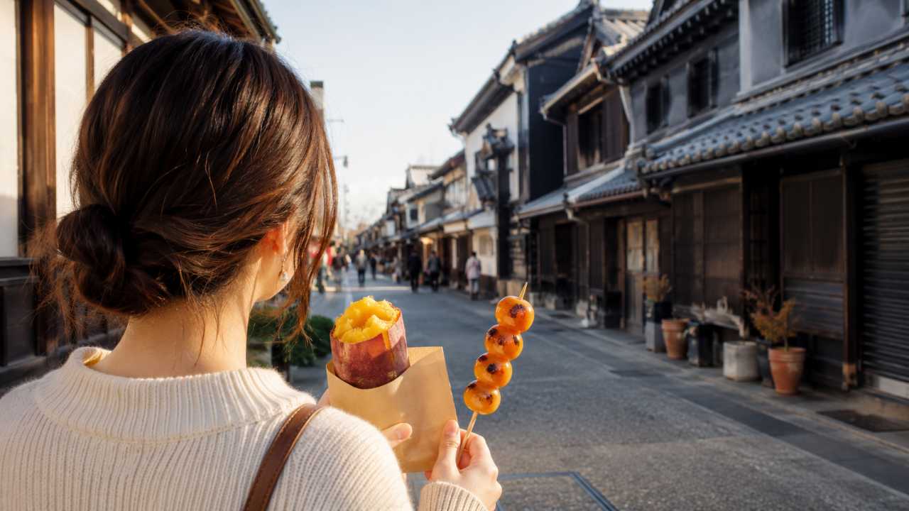 小江戸川越の蔵造りの町並みへ向かう観光イメージ。手元にはさつまいもスイーツや団子
