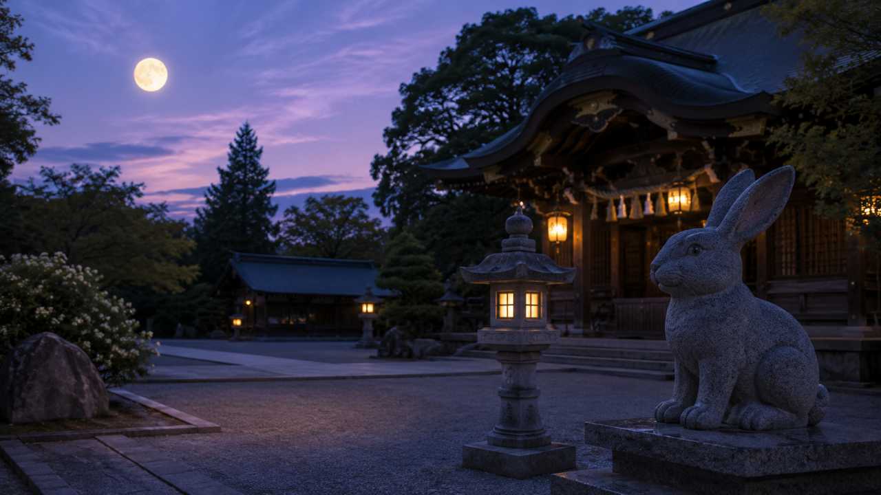 月とうさぎの信仰を連想させる幻想的な神社イメージ