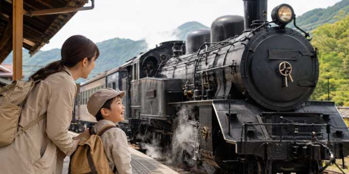 秩父鉄道のSLに親子が乗車前にわくわくしている様子をイメージした写真風画像