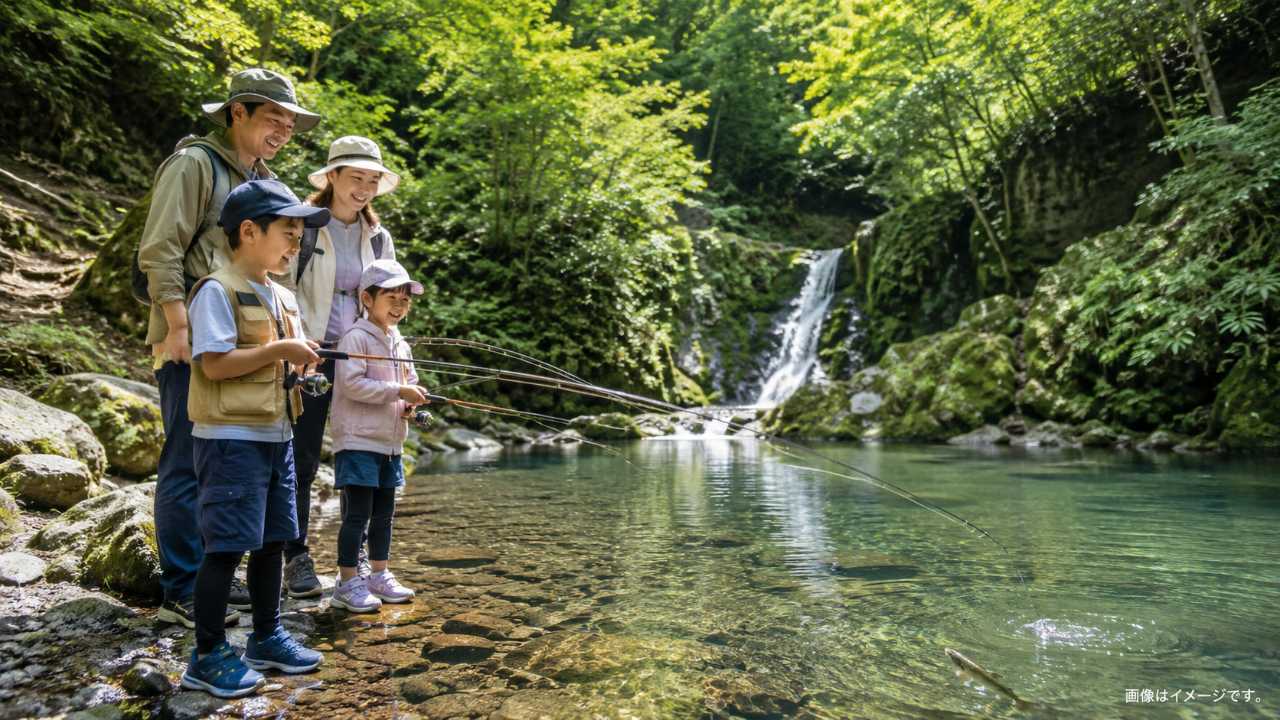 埼玉県越生町の黒山三滝周辺をイメージした山あいの釣り堀風景、澄んだ水の池で家族がニジマス釣りを楽しんでいる