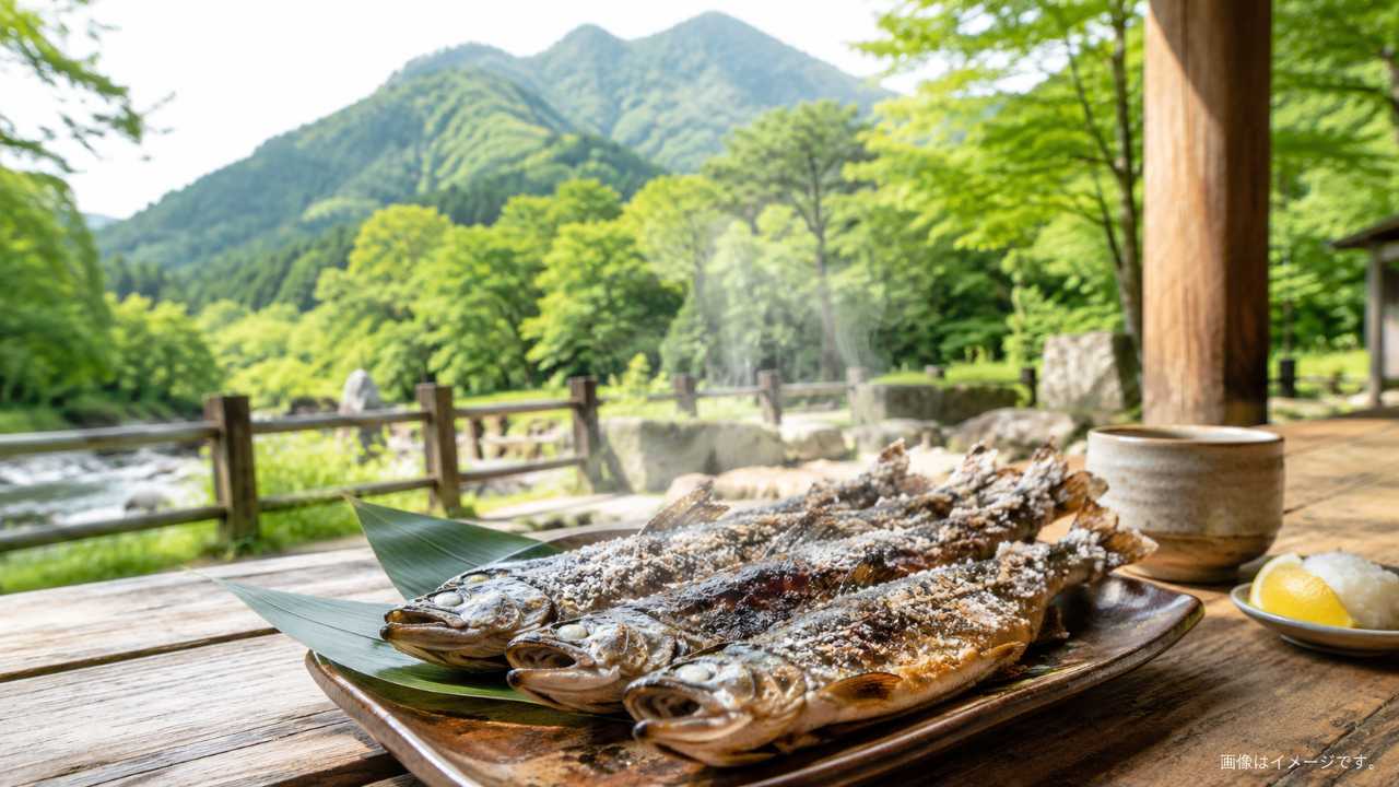 釣ったニジマスを塩焼きで味わう休憩処の風景