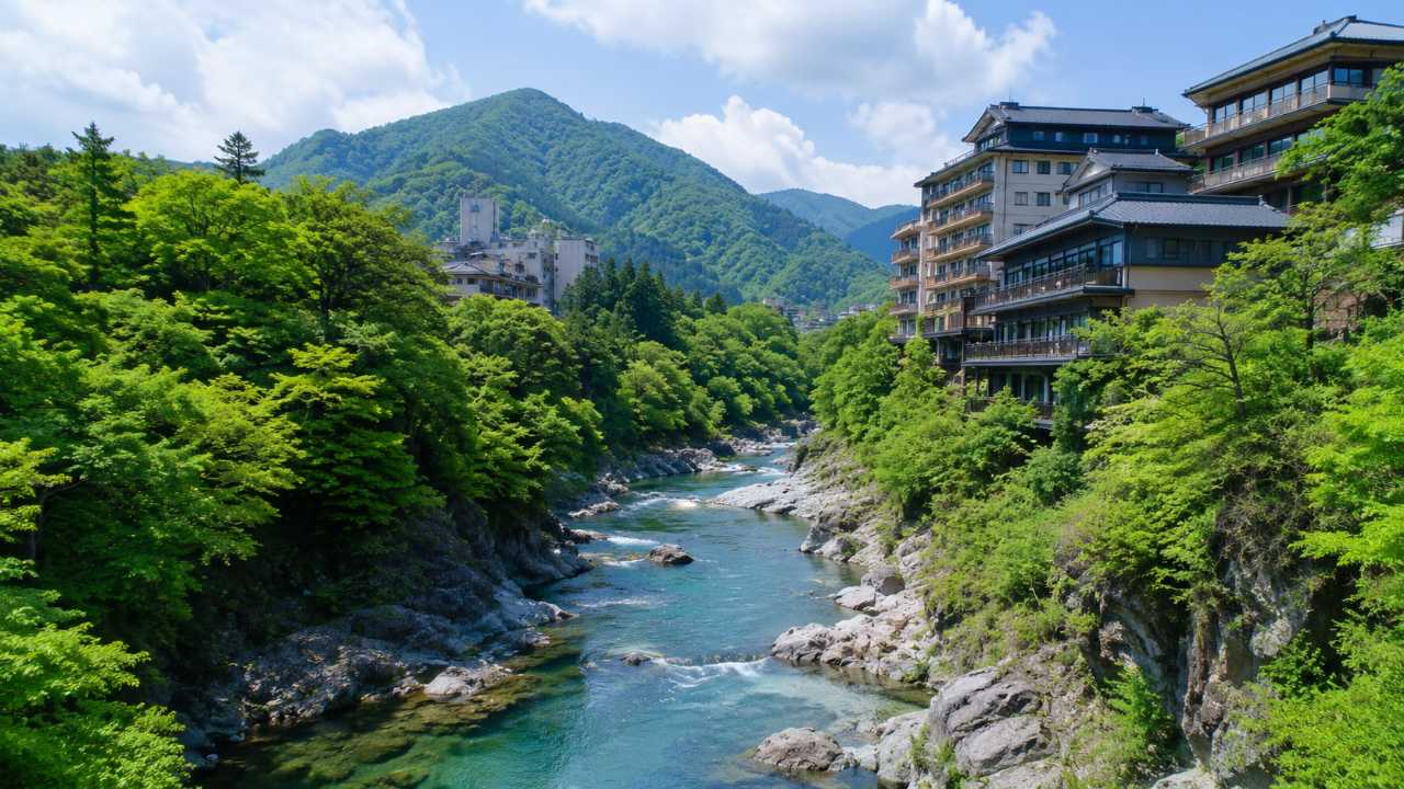 鬼怒川温泉の渓谷と温泉旅館が見える風景