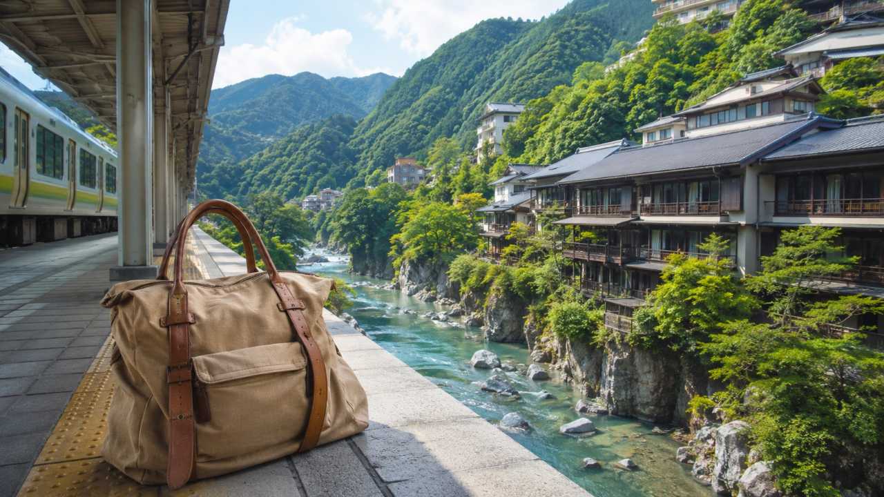 埼玉県大宮から栃木県鬼怒川温泉へ向かう電車旅のイメージ, 手前に旅行バッグと駅のホーム, 背景に自然豊かな温泉地の渓谷と旅館街, 明るく清潔感のある雰囲気