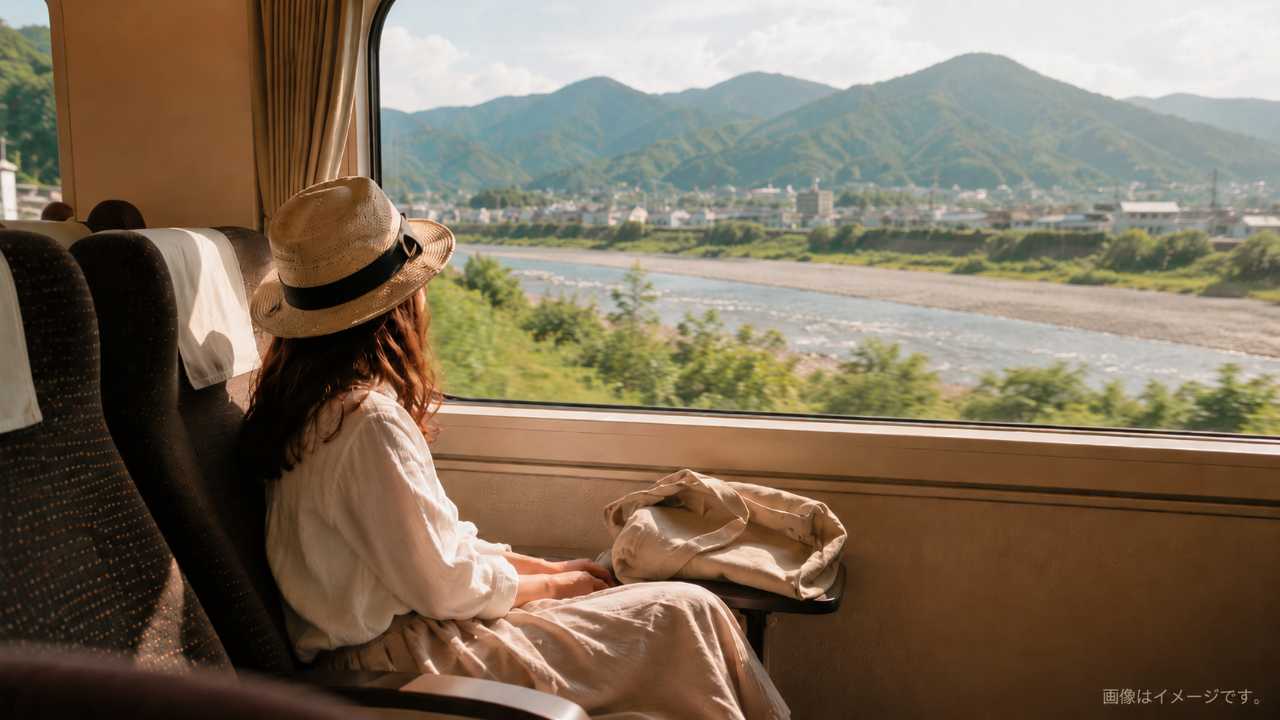 特急列車の指定席で車窓を眺める旅行者
