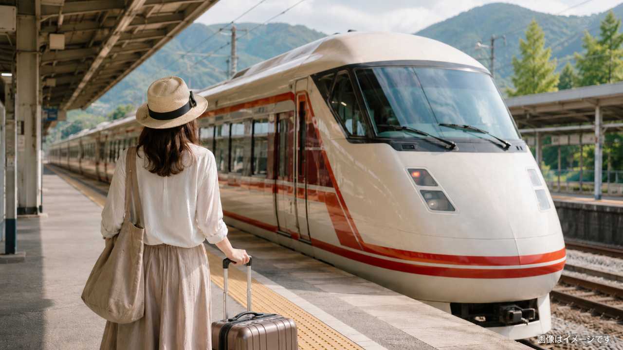 大宮駅から鬼怒川温泉駅へ向かう特急スペーシアの旅をイメージしたブログ用アイキャッチ