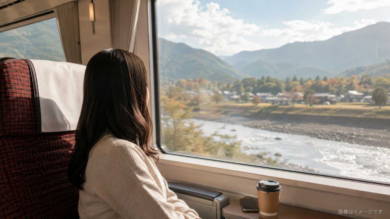 東武特急の車内でゆったり過ごす旅行者のイメージ
