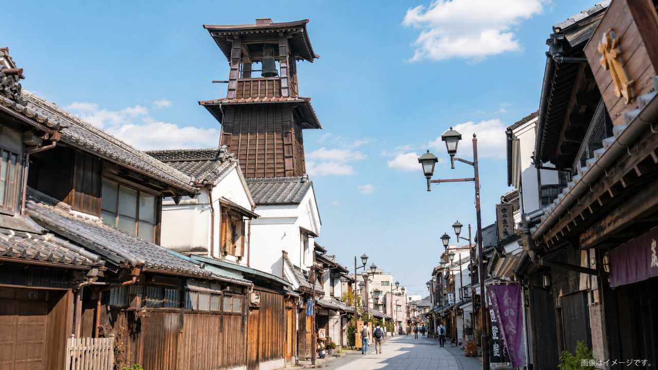 川越の時の鐘と蔵造りの町並み