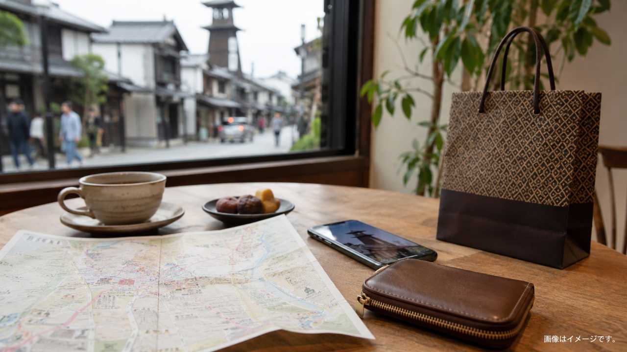 川越観光の移動と準備を表す写真。カフェのテーブルに観光マップ、スマートフォン、財布、小さな土産袋を置いた構図