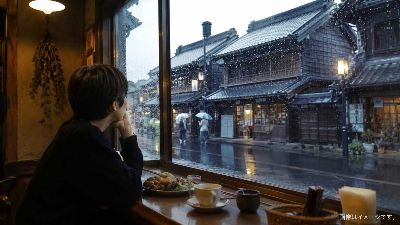 雨の日の川越観光で、窓際のレトロカフェに座りランチとコーヒーを楽しむ旅行者
