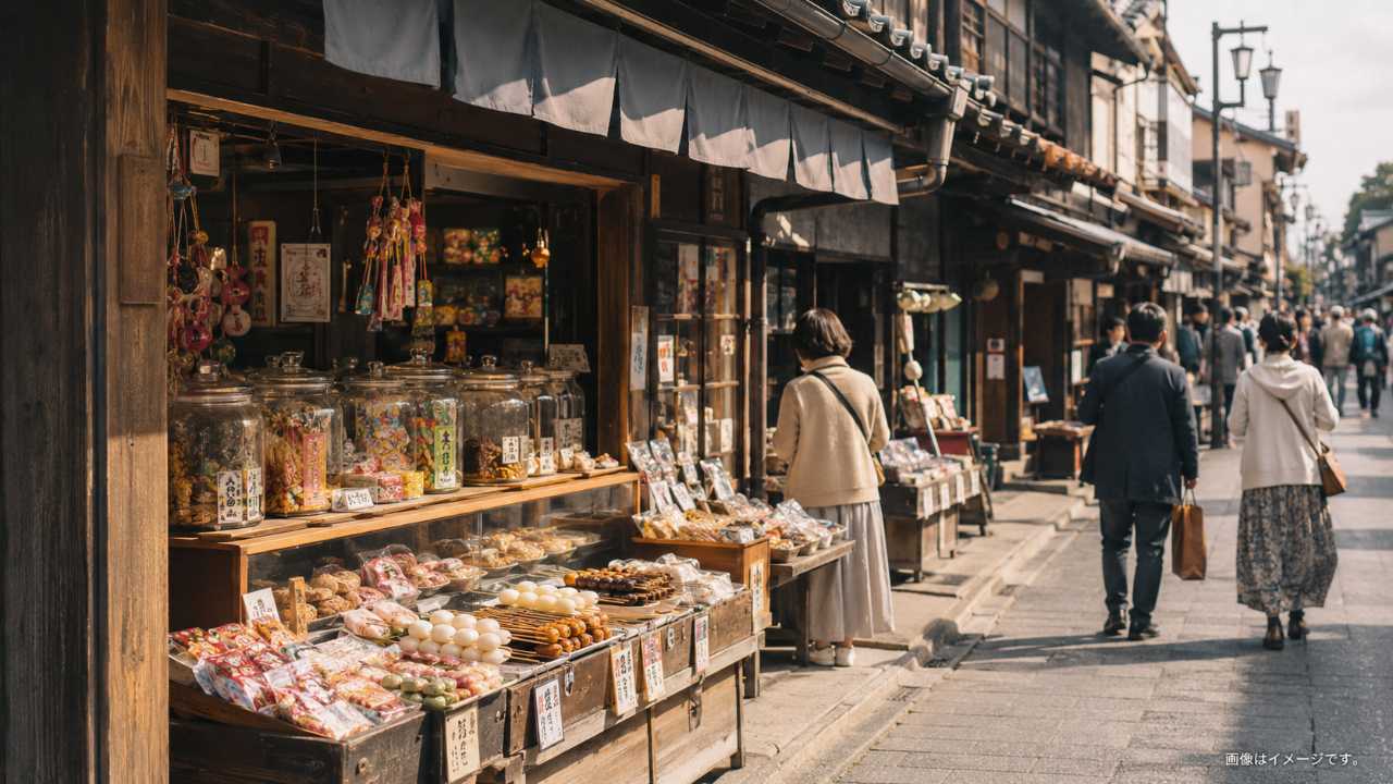 川越の菓子屋横丁で駄菓子や団子が並ぶ店先を写した実写風ブログ画像