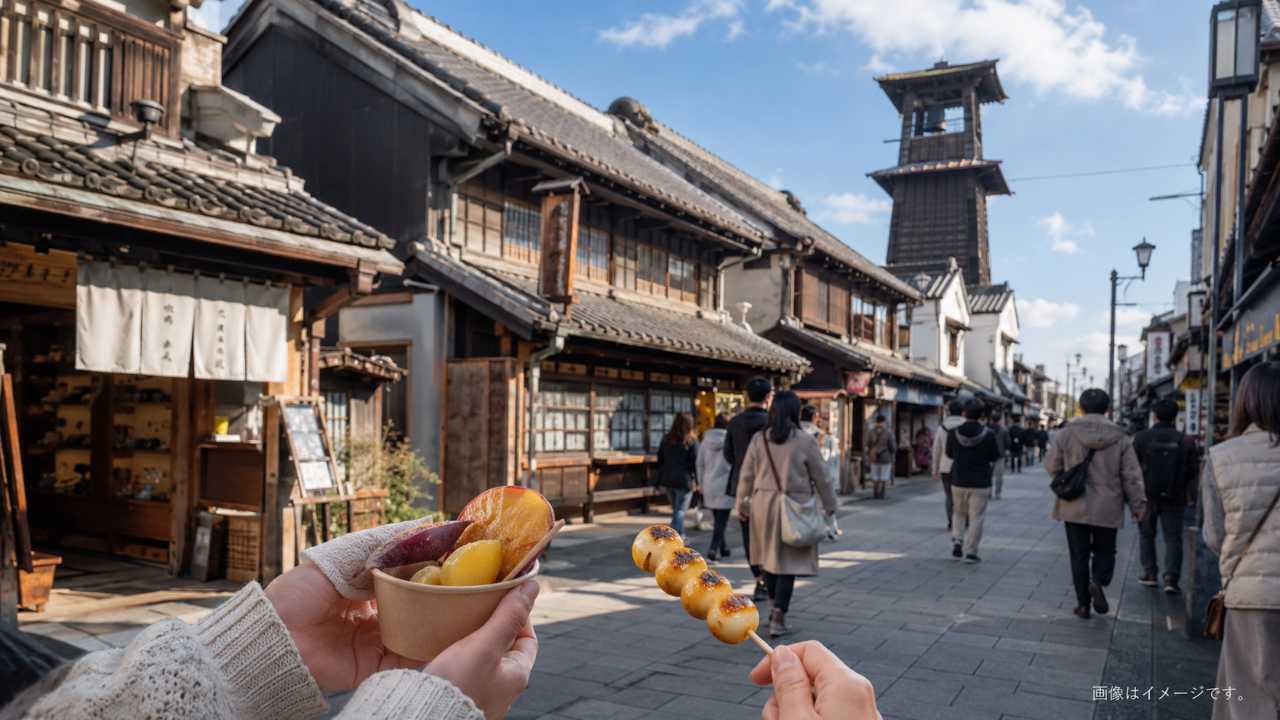 埼玉県川越市の蔵造りの町並みと時の鐘を背景に、観光客がさつまいもスイーツや団子を楽しむ