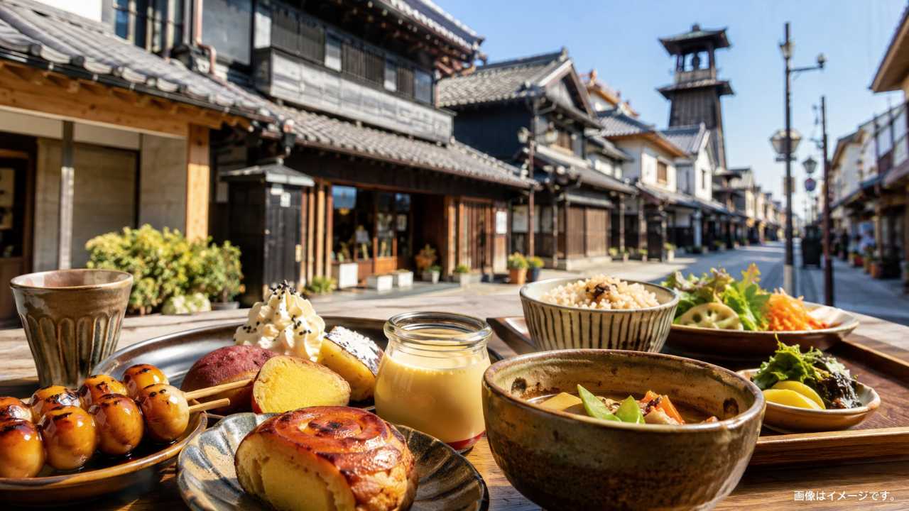 川越の蔵造りの町並みを背景に、手前にさつまいもスイーツ、団子、プリン、和食ランチの小皿が自然に並ぶ、観光ブログのアイキャッチ向け写真風