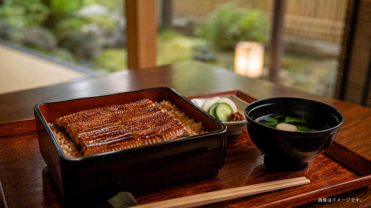 川越ランチをイメージしたうな重とお吸い物の上品な和食テーブル