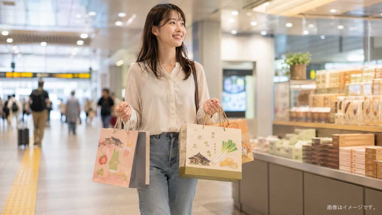 大宮駅の明るい駅ナカを背景に、旅行者が埼玉らしいお土産袋を持って歩いている写真