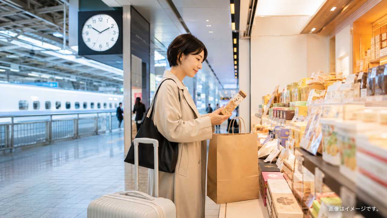 新幹線の出発前に短時間でお土産を買う旅行者の写真風画像