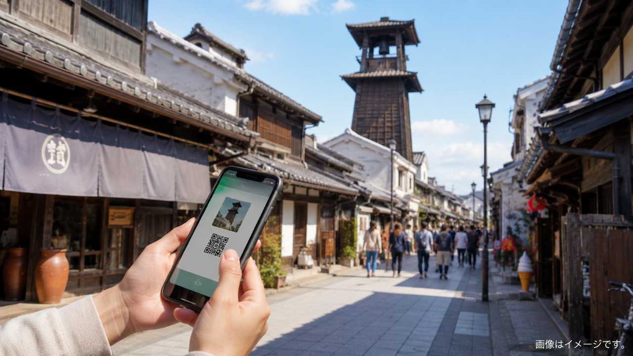 小江戸川越の蔵造りの町並みと時の鐘を背景に、スマートフォンでデジタルチケットを確認する旅行者の手元を自然に配置