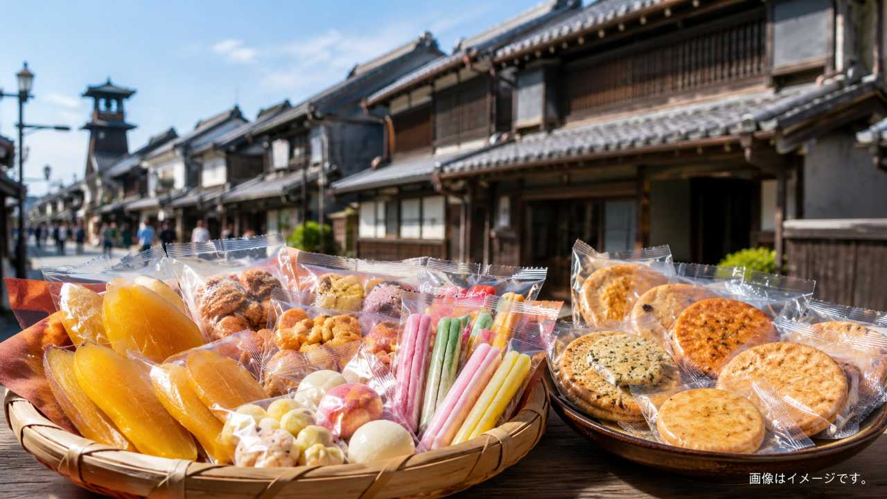 川越の蔵造りの町並みを背景に、個包装の芋菓子、駄菓子、せんべい