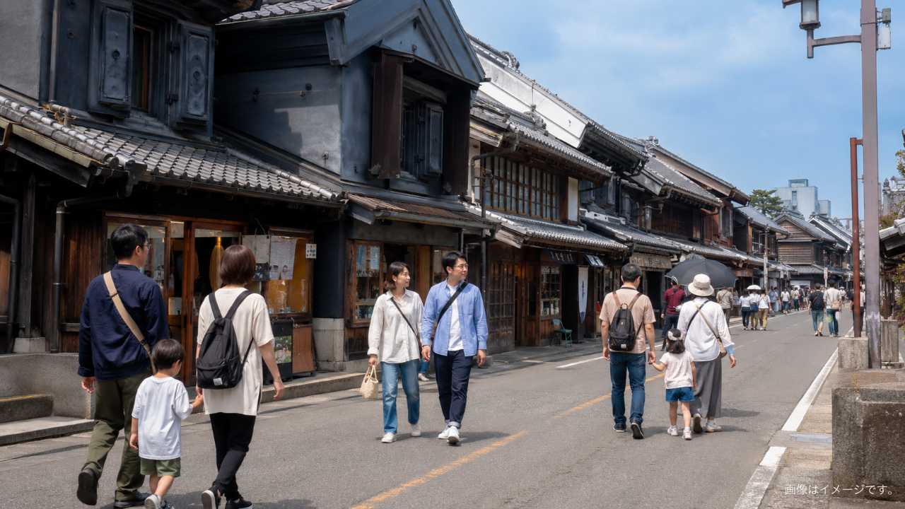 川越の蔵造りの町並みを歩くカップルと家族連れ