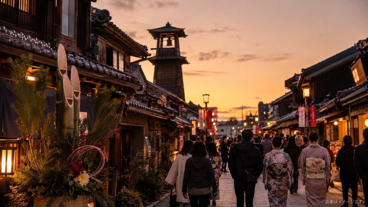 年末年始の川越をテーマに、夕方のやわらかな光に包まれた蔵造りの町並みと時の鐘、正月飾り、初詣へ向かう観光客を自然に配置