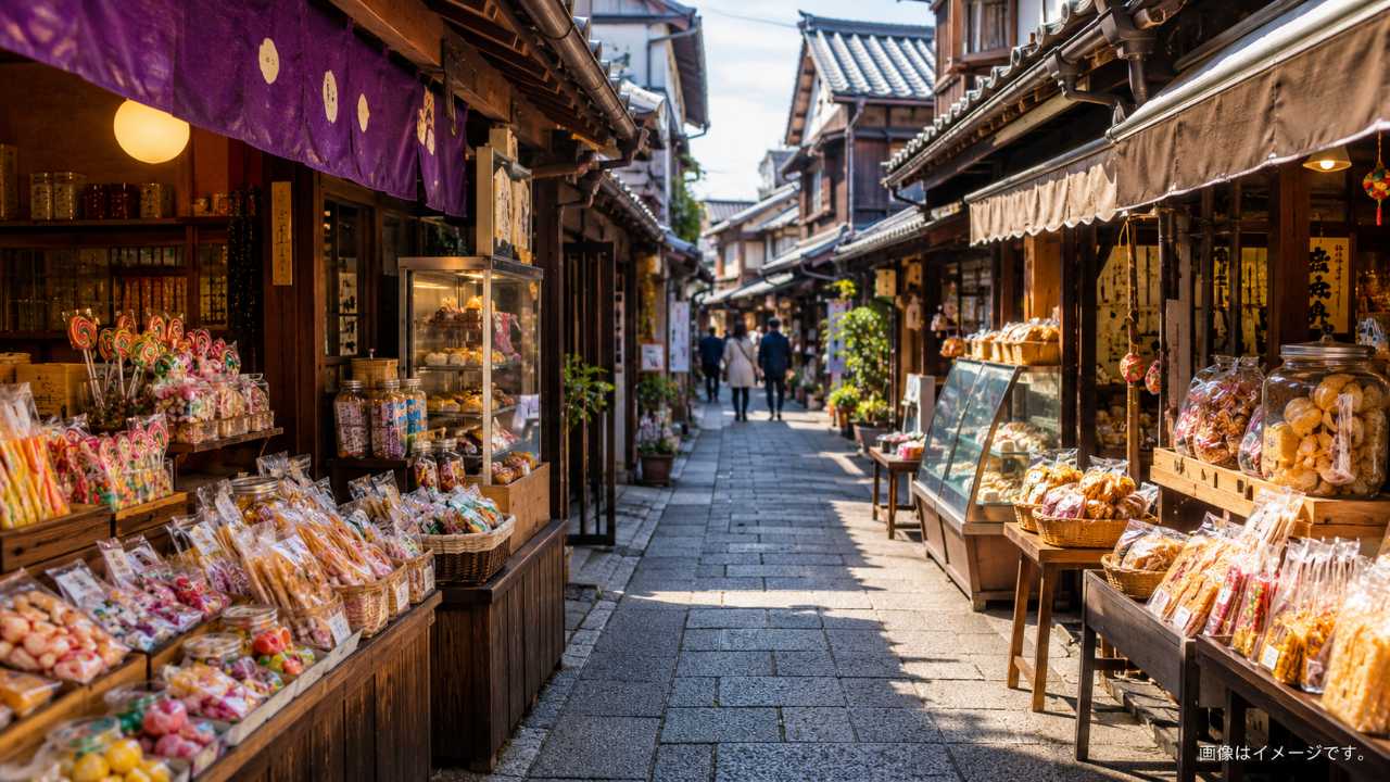 石畳の細い通りに昔ながらの菓子店が並び、店先には色とりどりの飴、ふ菓子、せんべい、さつまいも菓子
