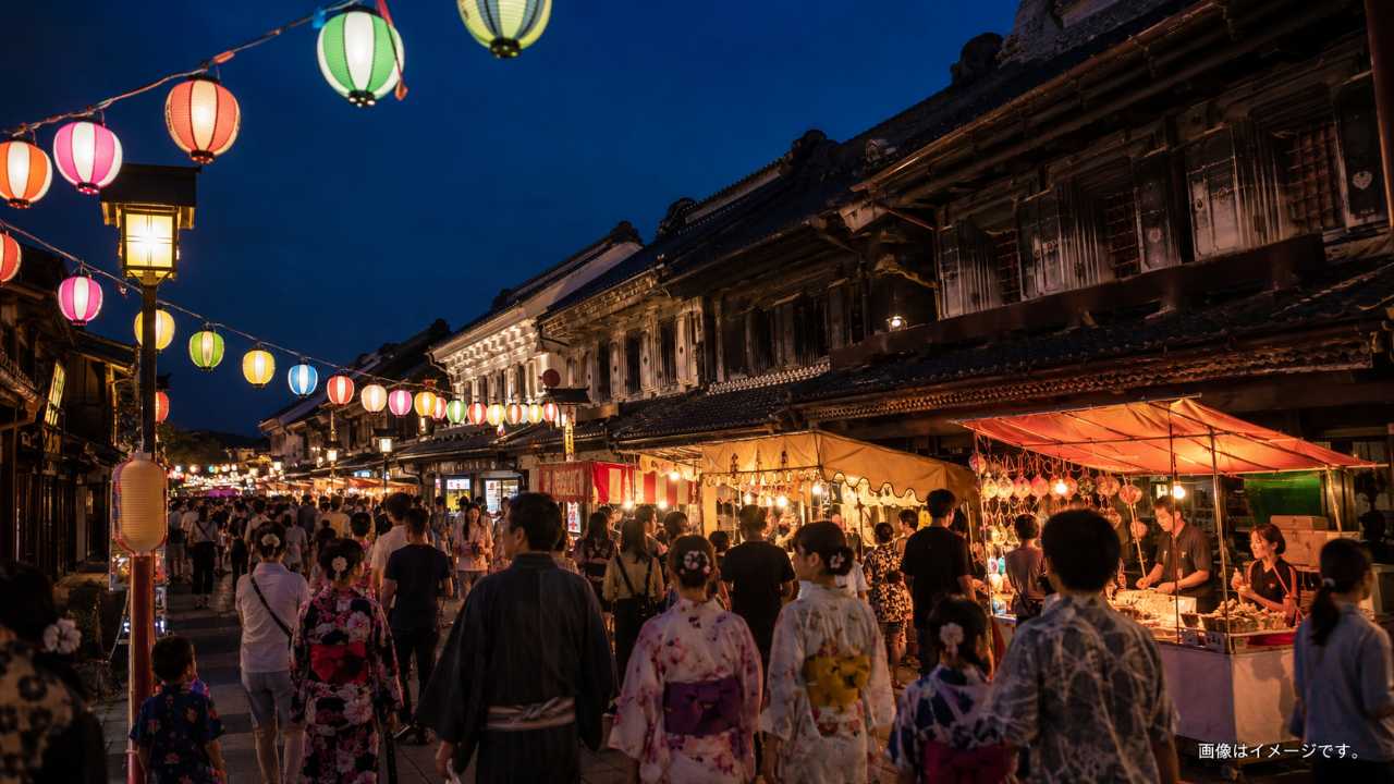屋台の灯りと食べ歩きを楽しむ来場者、秋の夜祭りらしい温かい雰囲気