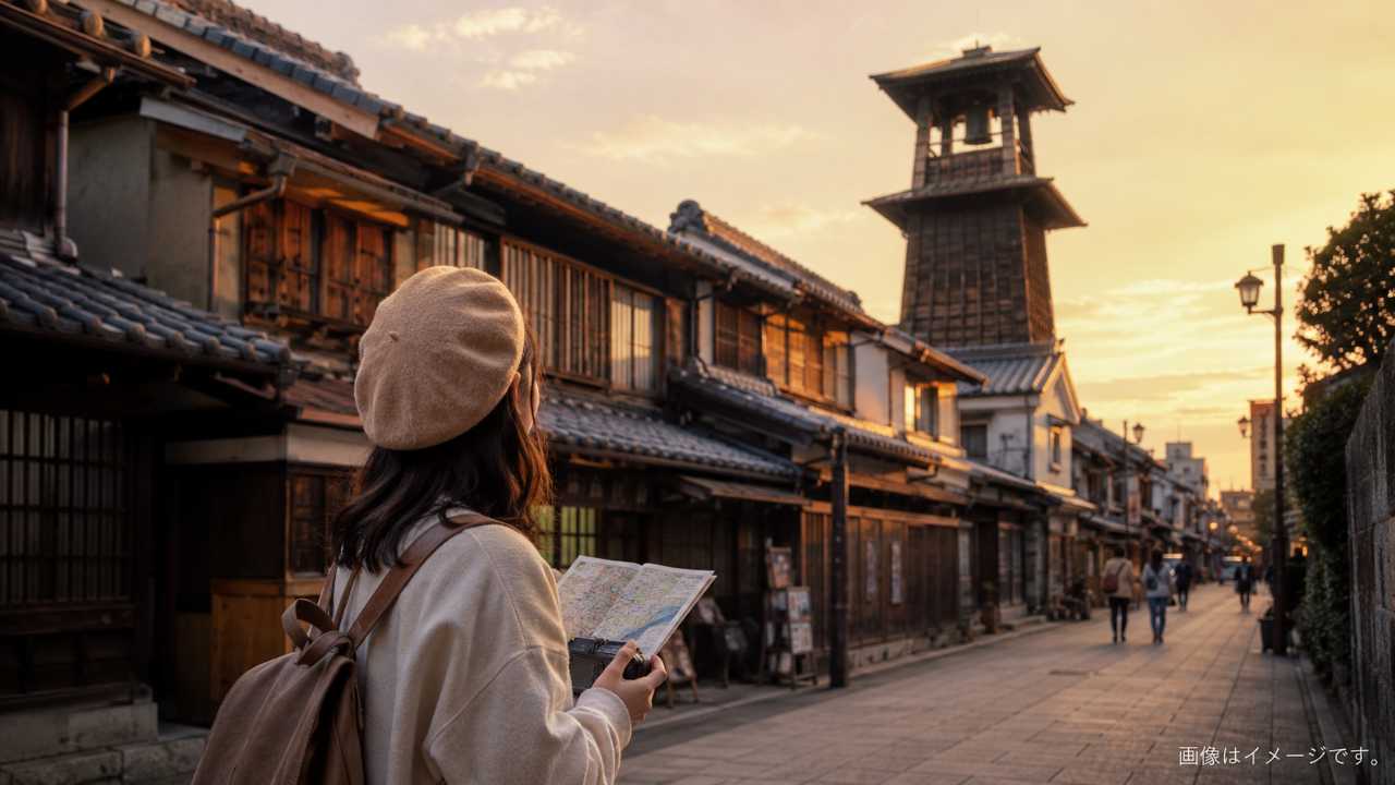 川越の蔵造りの町並みにそびえる時の鐘を中心にしたブログ用アイキャッチ画像