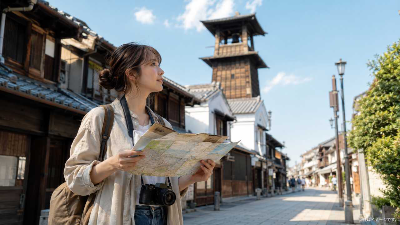現在の川越で時の鐘を見上げる観光客