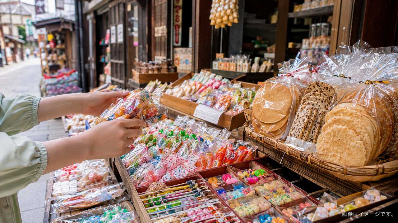 菓子屋横丁の店先に、駄菓子やせんべいが並んでいる写真風イメージ