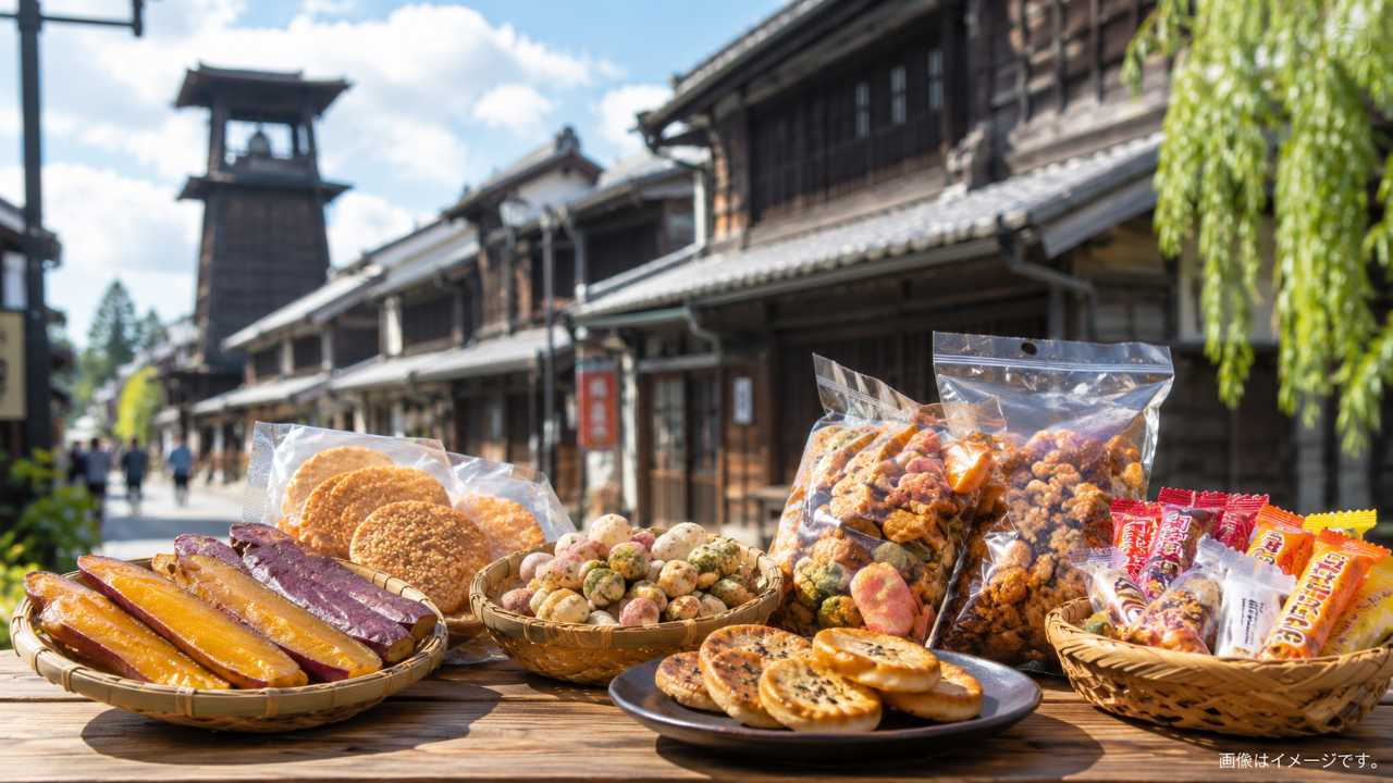 川越の蔵造りの町並みを背景に、さつまいも菓子、せんべい、豆菓子、駄菓子など安いお土産が木製テーブルに並んでいる写真