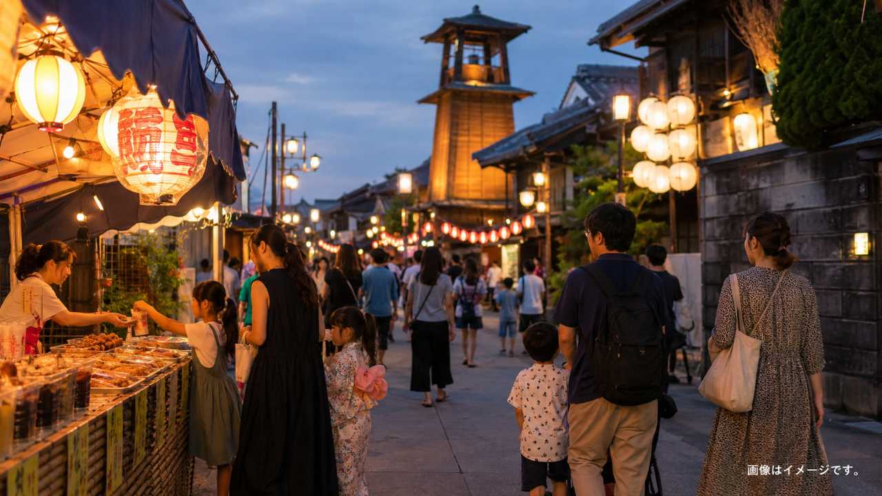 川越の蔵造りの町並みと提灯が並ぶ夜景、観光客がゆっくり歩く幻想的な夏祭り風景