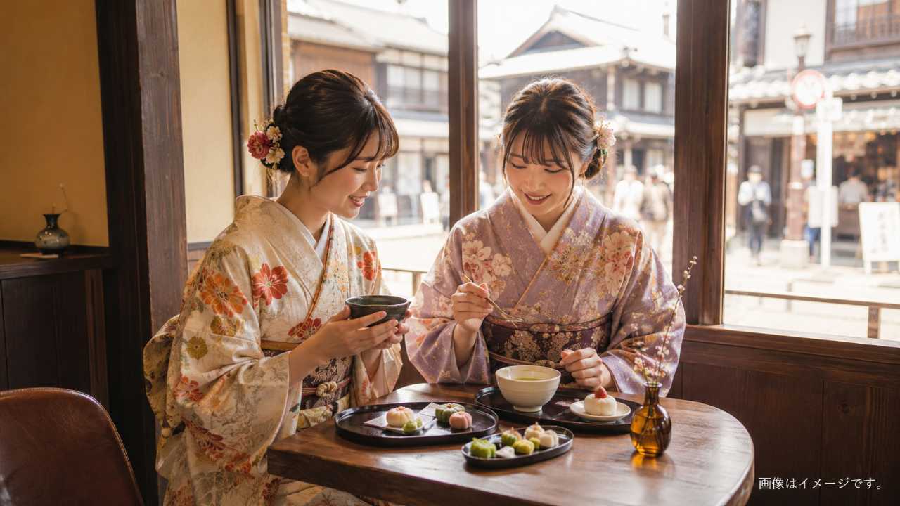 川越の城下町で着物姿の観光客がカフェ休憩を楽しむイメージ。和スイーツと抹茶