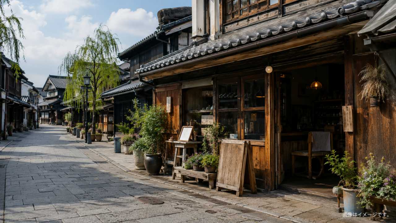 川越の蔵造りの町並みと古民家カフェをイメージ