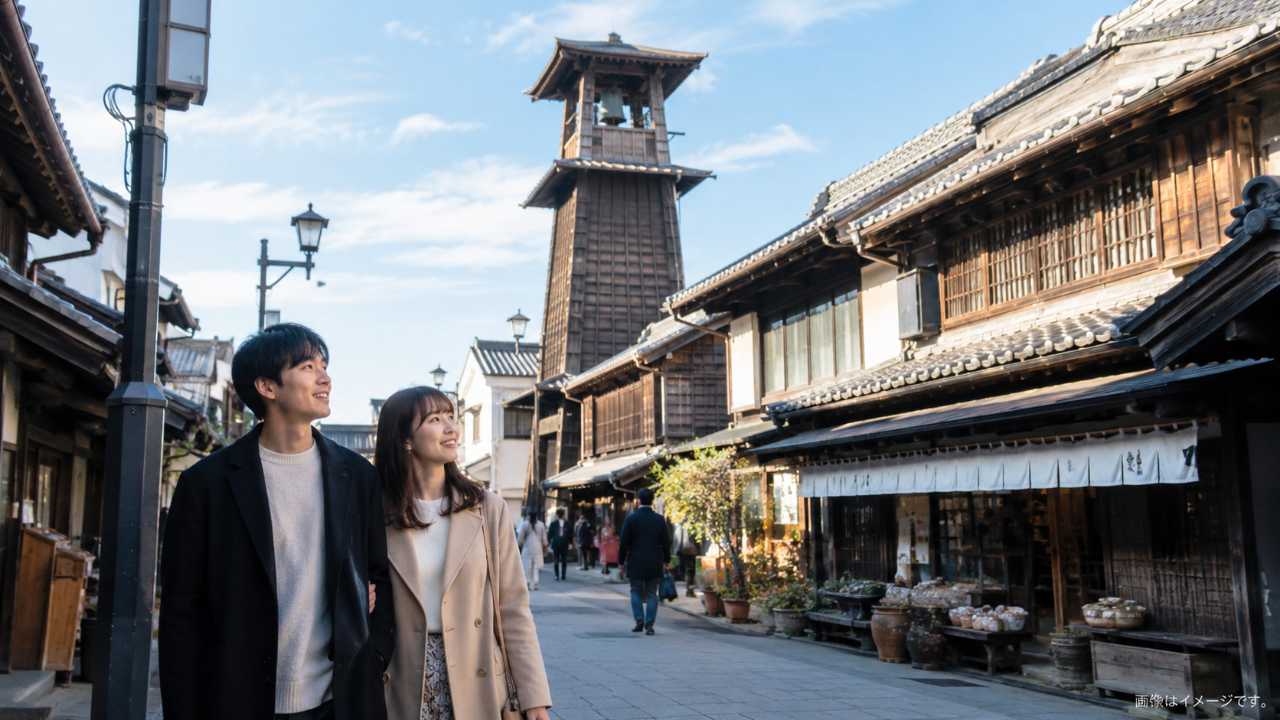 川越の時の鐘と蔵造りの町並みを背景にしたデート散策のイメージ