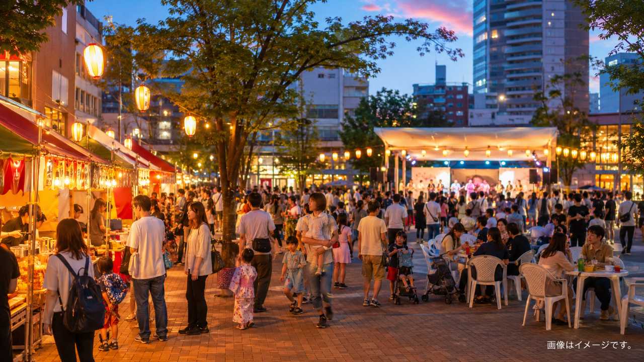 熊谷うちわ祭をイメージした夏の夜の祭り風景、提灯に照らされた豪華な山車と屋台