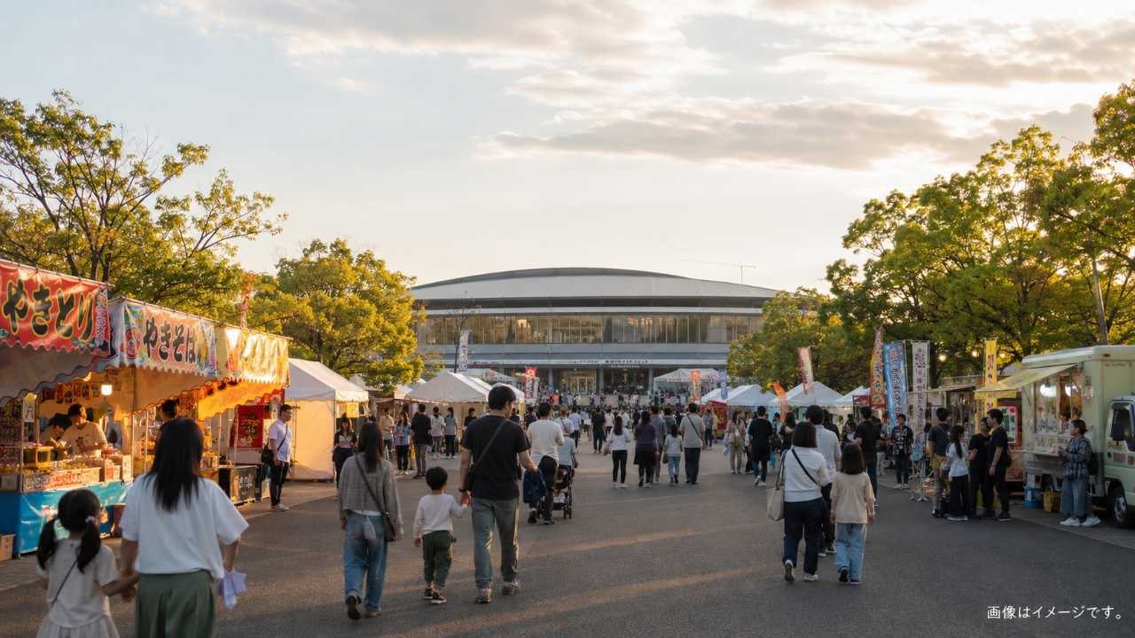 熊谷うちわ祭の昼の巡行をイメージした風景