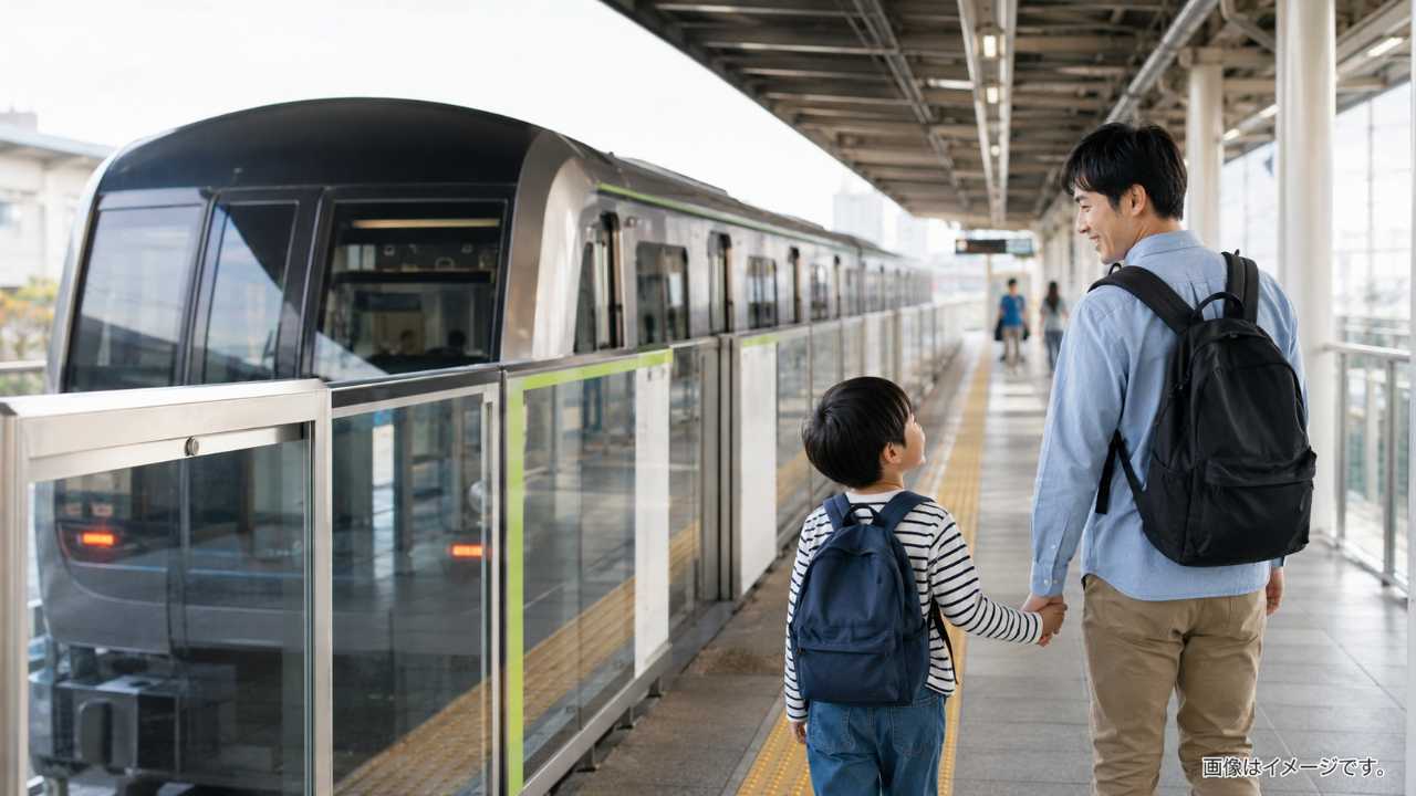 大宮駅からニューシャトルで鉄道博物館へ向かう親子のイメージ写真