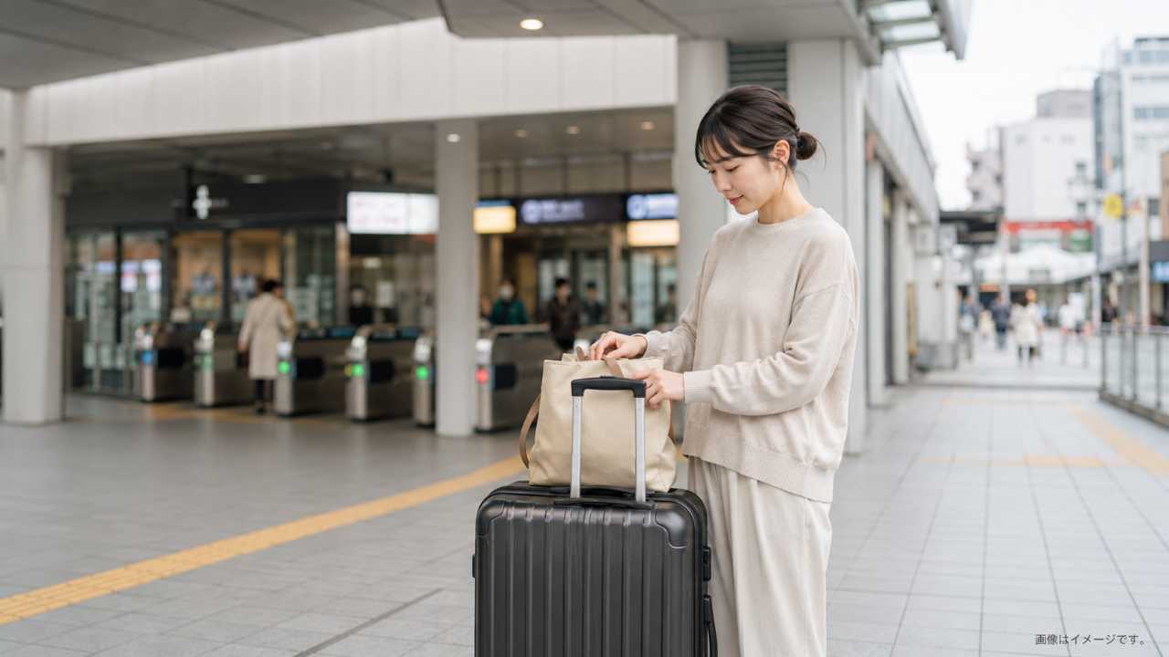 川越駅の改札外コンコースで旅行者が荷物を預ける準備をしている実写風画像