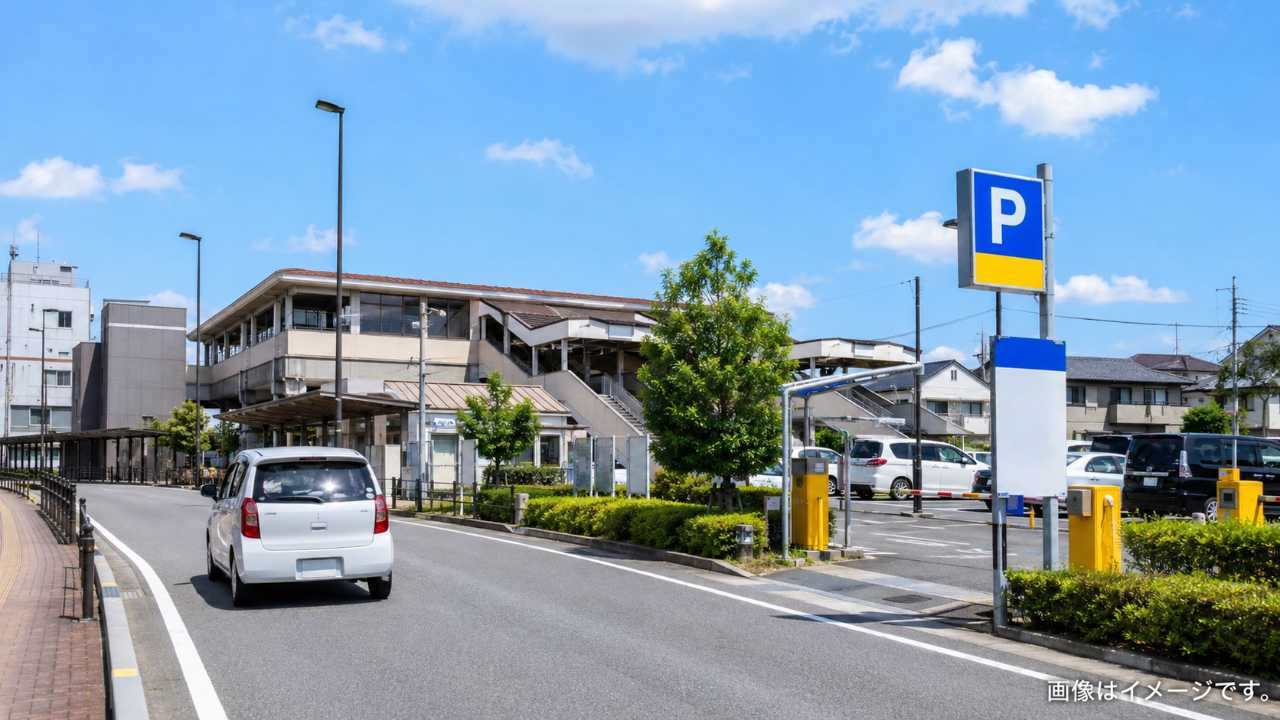 宮原駅周辺の駅前道路とコインパーキングを探す車を描いた実写風のブログ用アイキャッチ画像