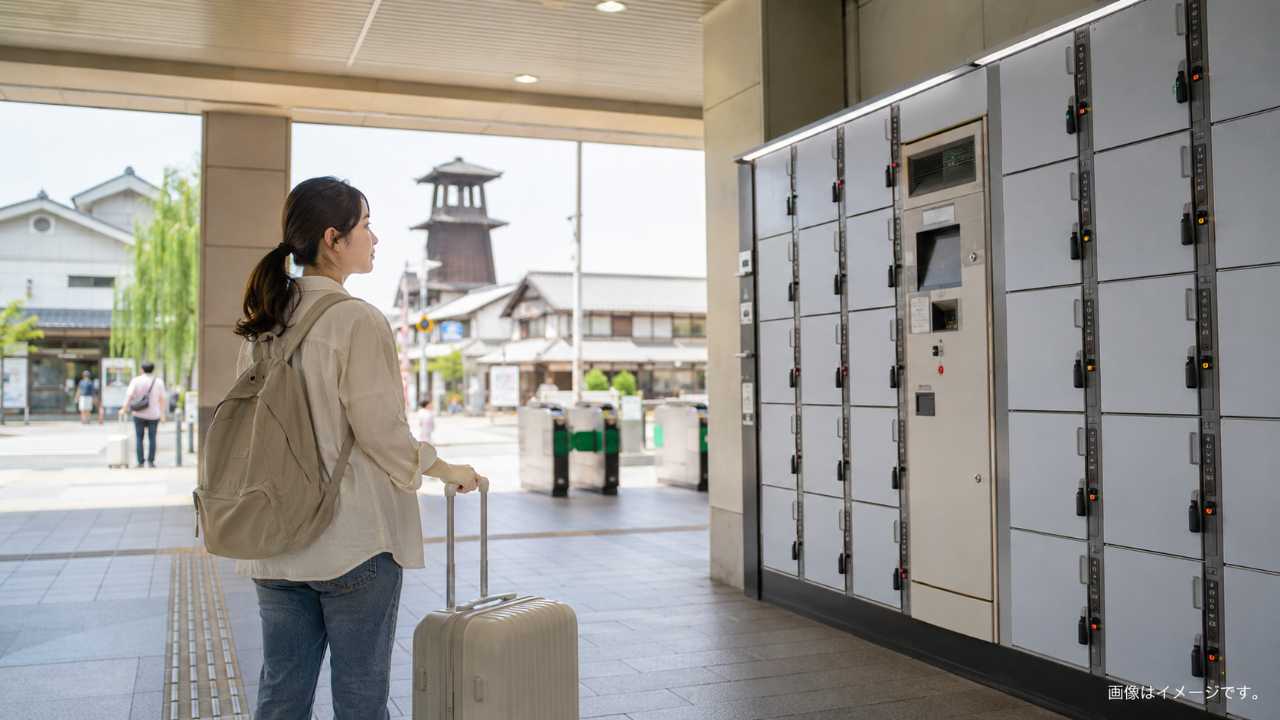 川越駅周辺でスーツケースを持った観光客がコインロッカーを探している実写風のブログ用アイキャッチ画像