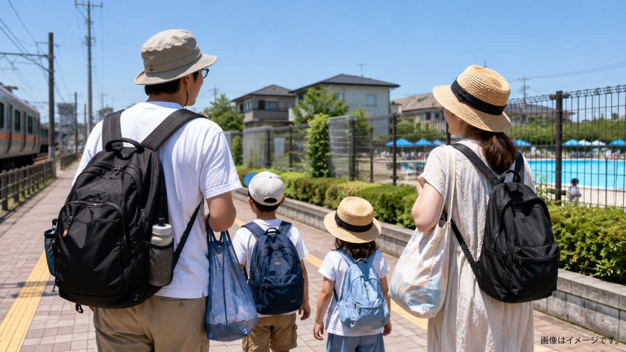 さいたま市の住宅街にある屋外プール周辺を歩く家族のイメージ