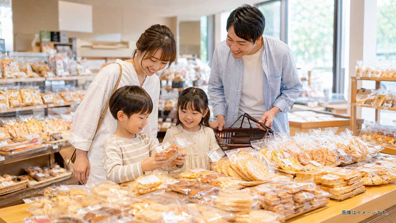 埼玉の工場直売所で、訳ありスイーツや焼き菓子、米菓がきれいに並ぶ売り場を背景に、家族が楽しそうに買い物