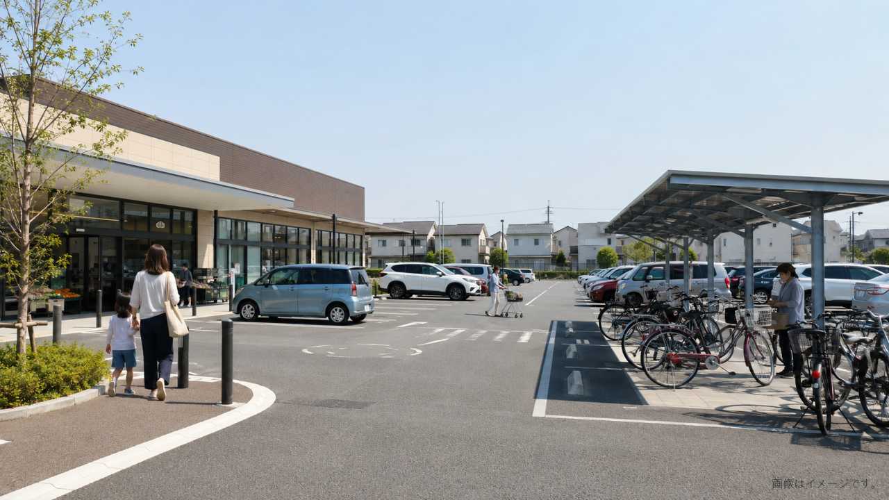 商業施設の駐車場と駐輪場のイメージ
