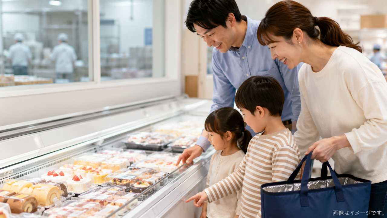 工場直売所で冷凍ケーキを選ぶ様子