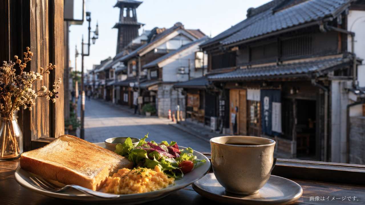 朝のやわらかい光に包まれた川越の蔵造りの町並みと、手前にコーヒーとモーニングプレートを自然に配置したブログ用アイキャッチ
